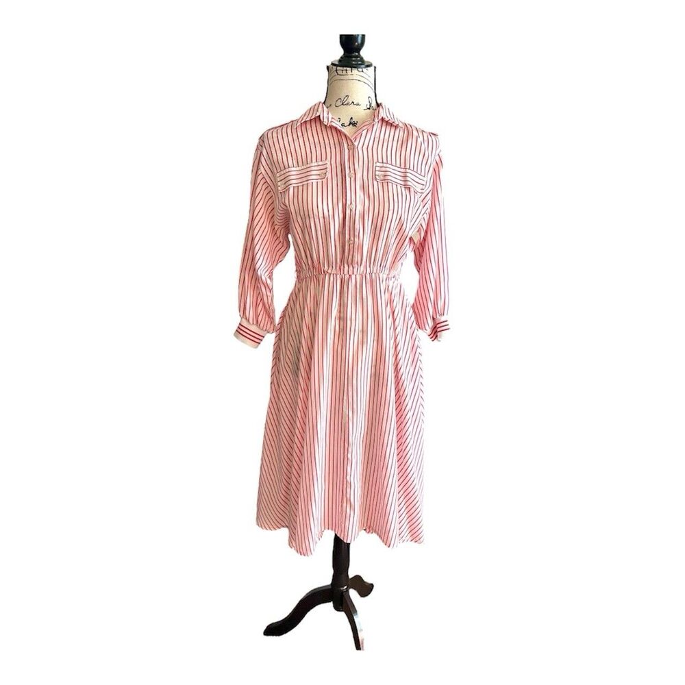 Vintage 1980s Ifi red and white candy stripe shirt dress Dolman Sleeves &Pockets